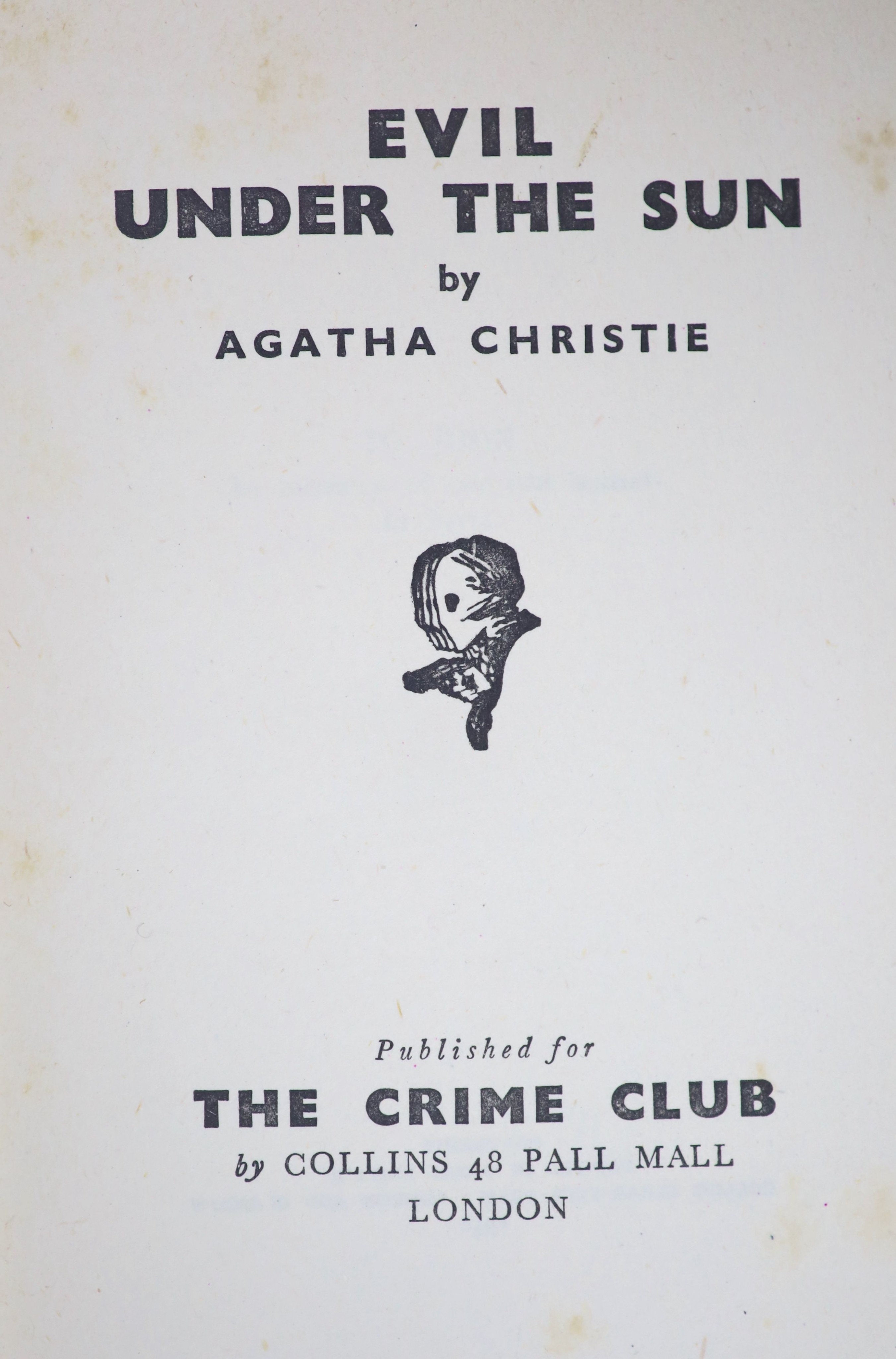 Christie, Agatha - Evil Under the Sun, 1st edition, 8vo, original cloth in unclipped d/j, tears to jacket spine, owners inscription to fly leaf, Collins for the Crime Club, London, 1941